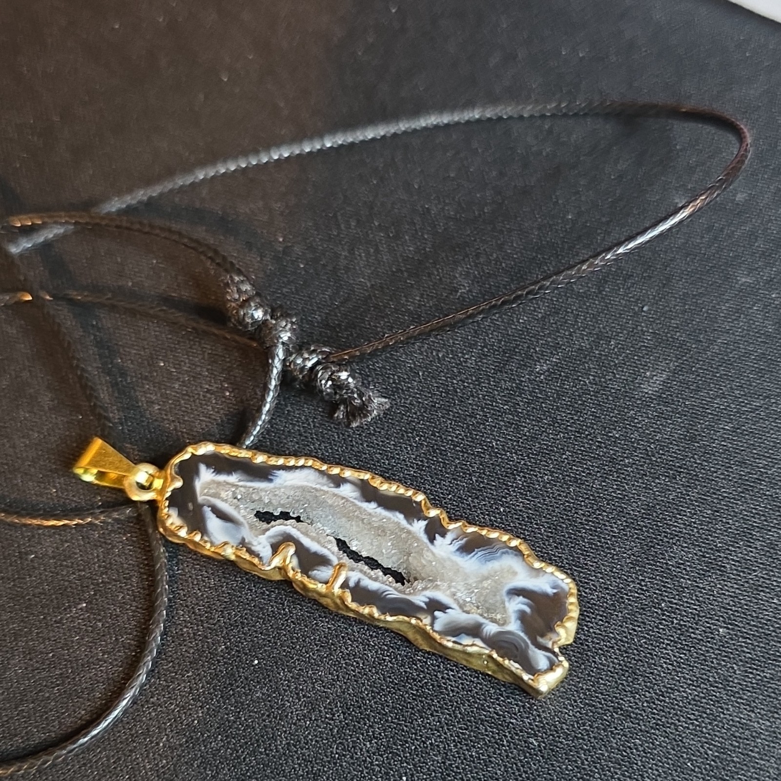Natural Agate Druzy Geode Slice Rectangle Charm Pendant Necklace Black Cord
