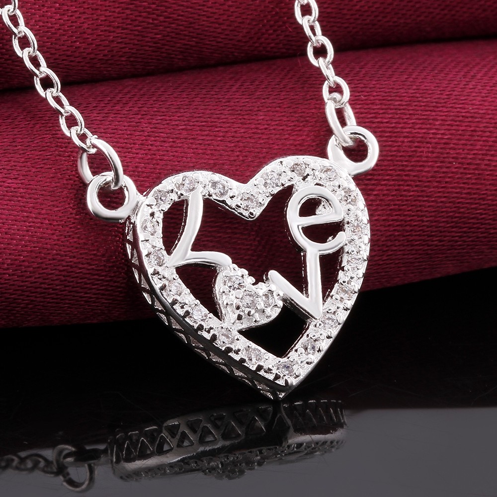 Elegant 925 Sterling Silver Filled Heart Love CZ Pendant Woman Necklace N-A580