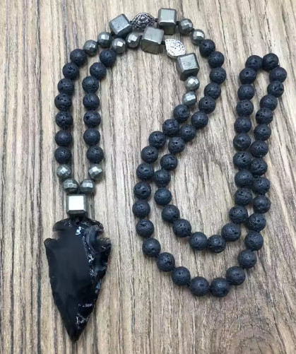 Black Obsidian Arrowhead Pendant lava Rock Pyrite Beads Meditation Necklace