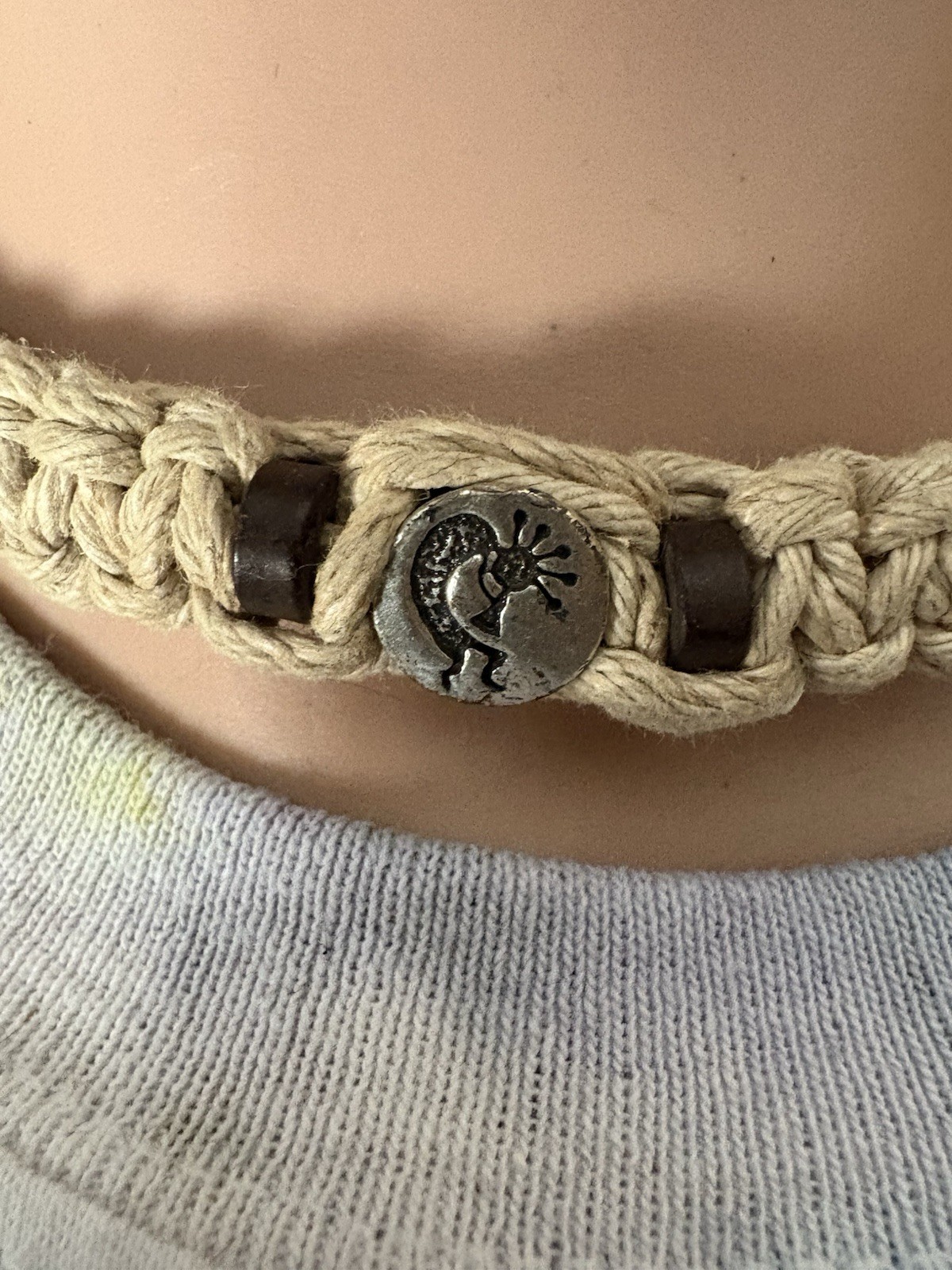 Beige Hemp Cord Choker Necklace Metal Charm Pendant Beaded No Stone
