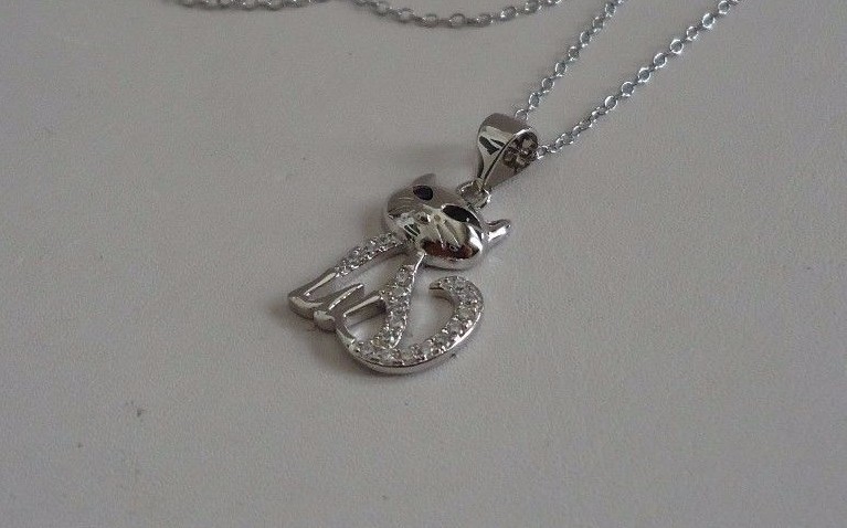 CAT NECKLACE PENDANT LAB CREATED DIAMONDS / 925 STERLING SILVER 11MM BY 17MM