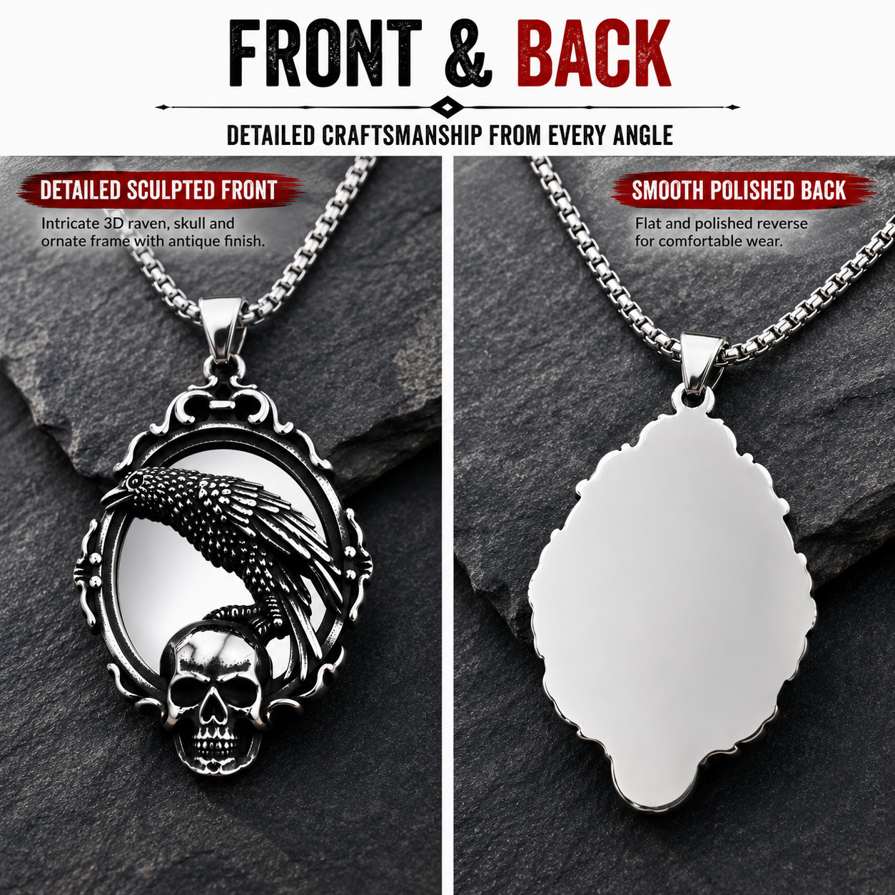 Men’s Gothic Raven Skull Mirror Necklace Antique Silver Pendant Chain Biker Gift