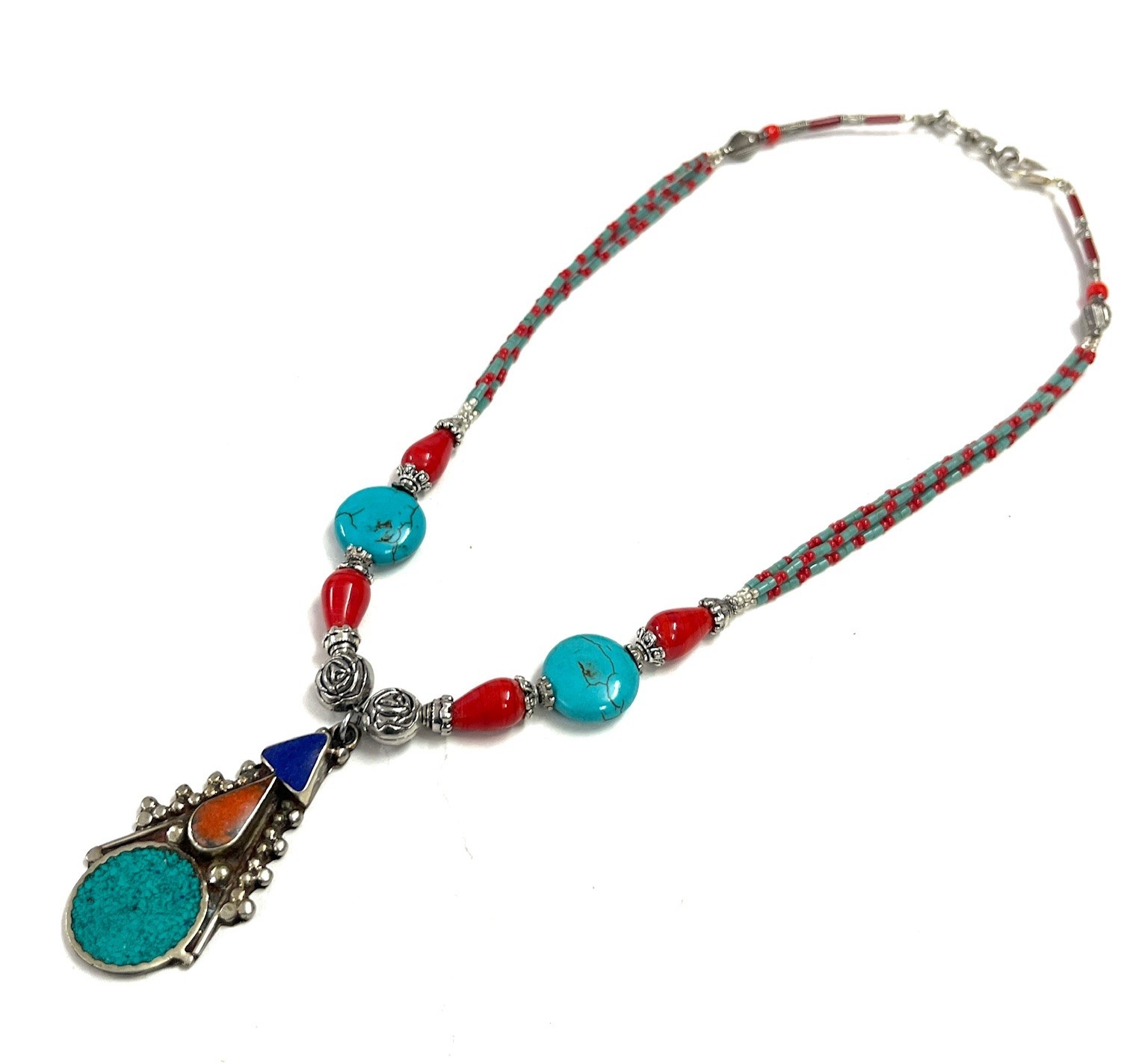 Antique Turquoise Coral Gemstone Tibetan Bohemian Necklace Jewelry, 18 Inc Adjs
