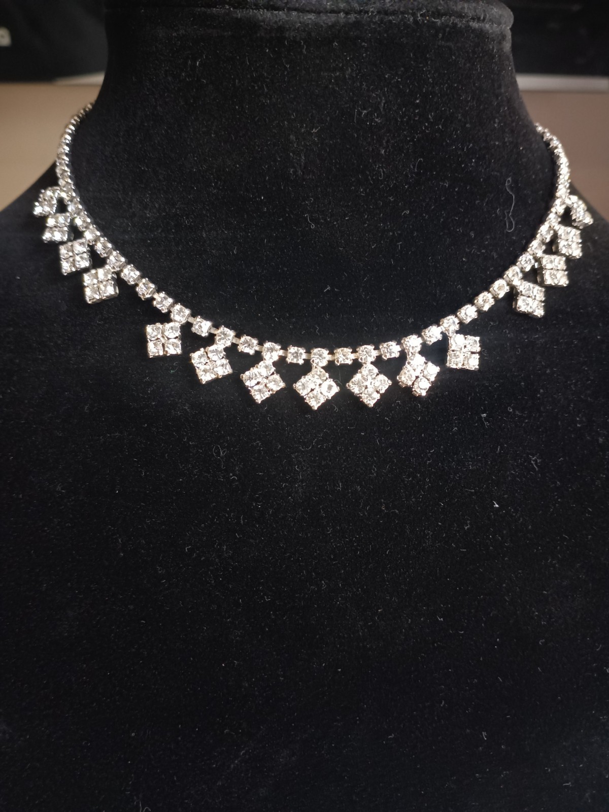Silver Tone Clear Crystal Rhinestone Tennis Choker Necklace Square Drop Box