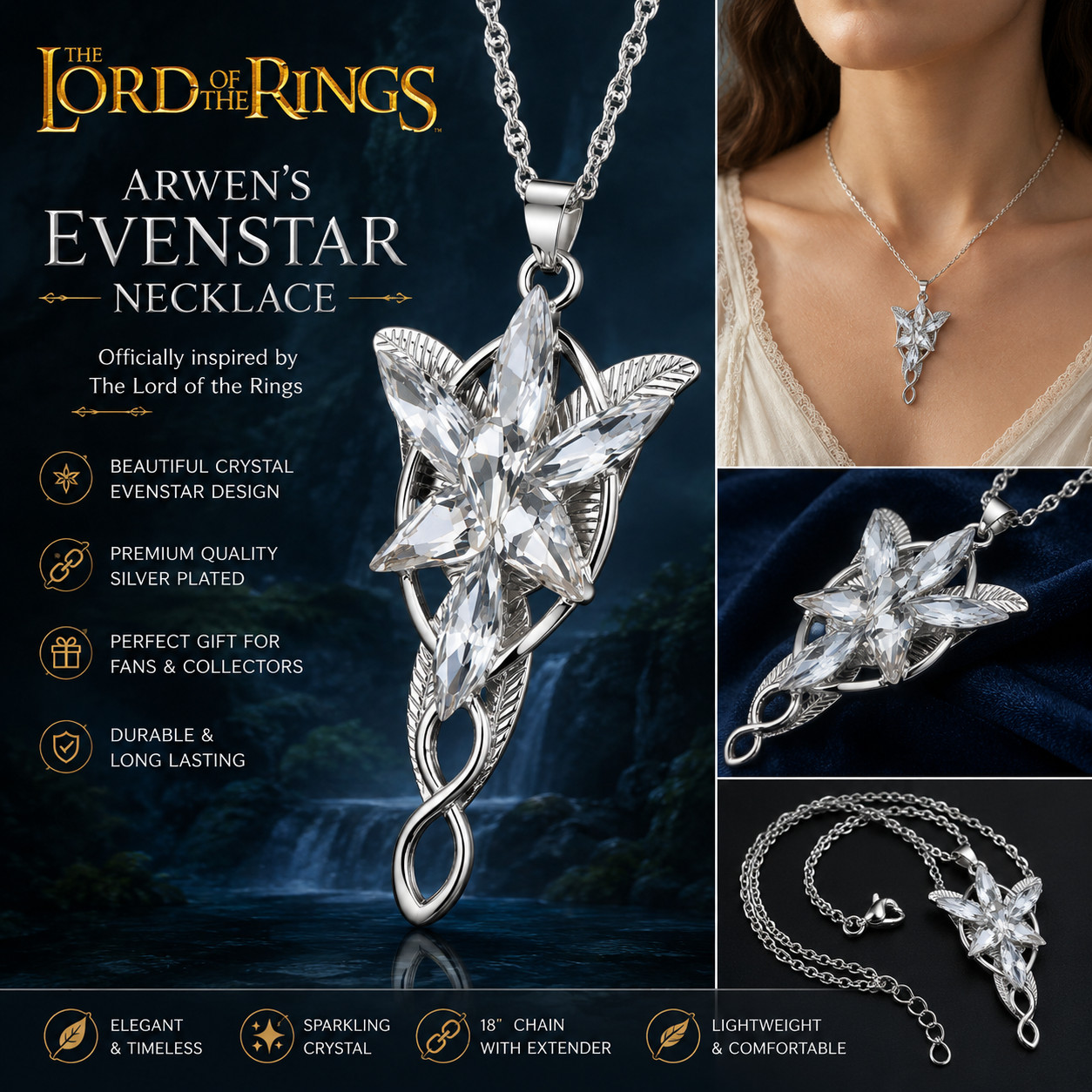 New Lord of The Rings Arwen’s Necklace Evenstar Pendant Crystal Silver Chain