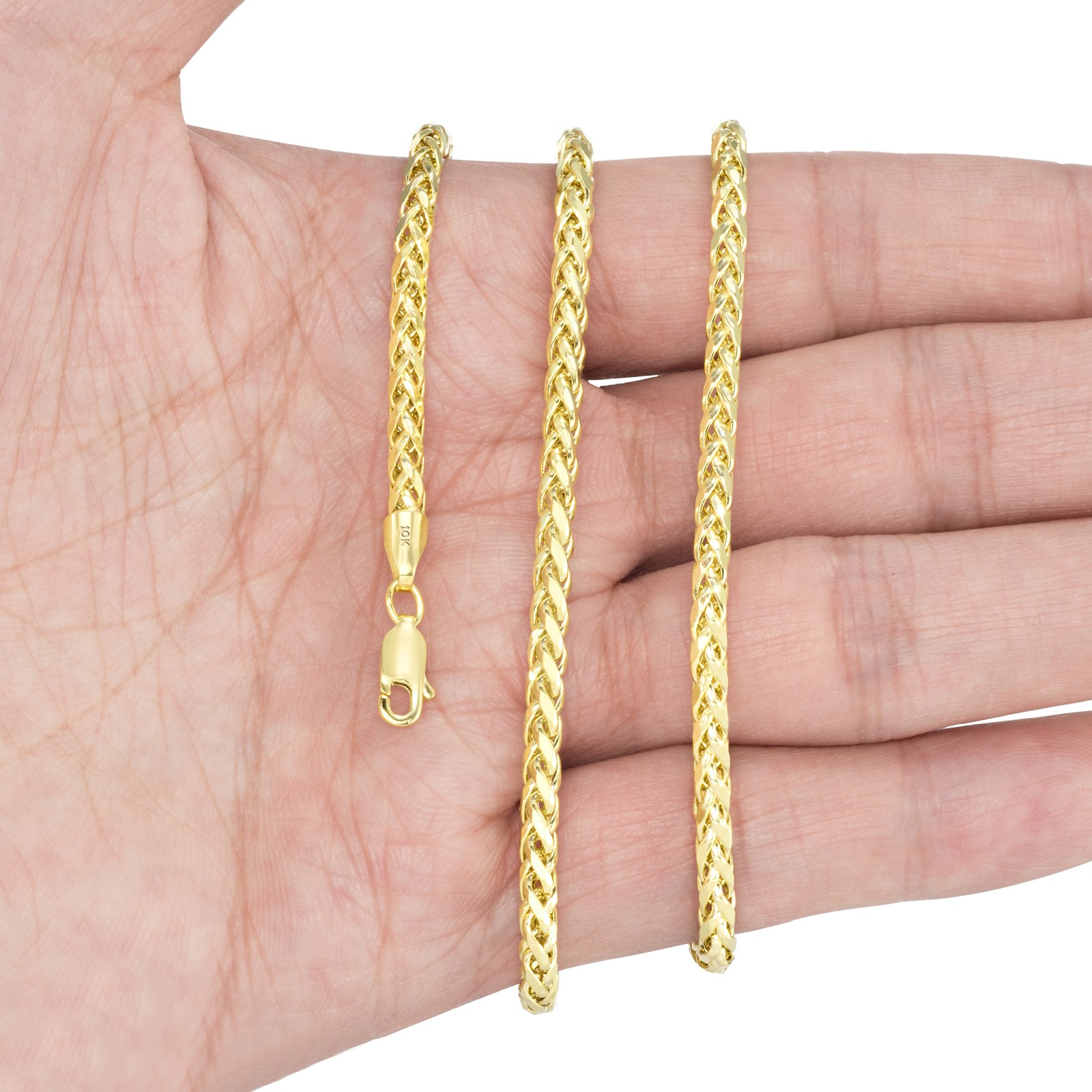 10K Yellow Gold 2.5mm-5mm Round Wheat Palm Franco Spiga Chain Necklace 16″- 30″