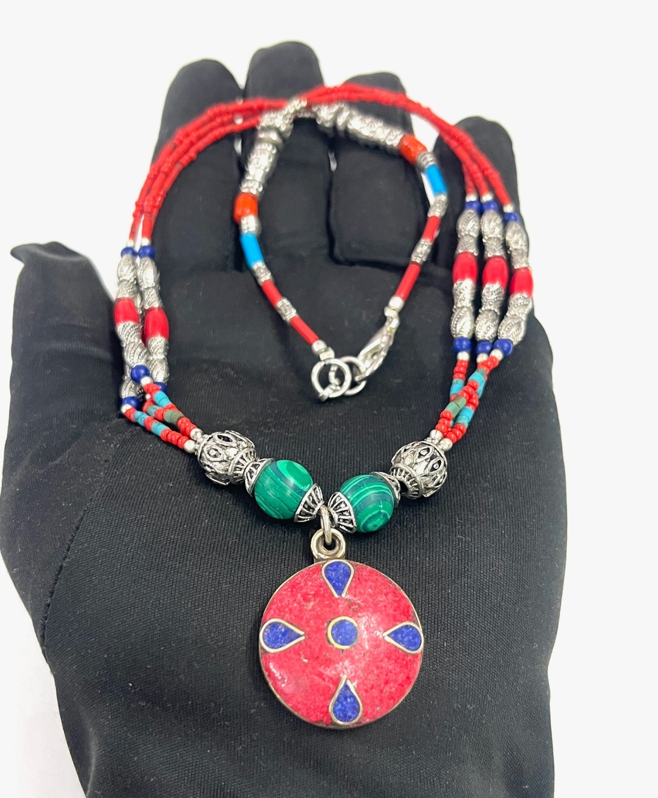 Vintage Red Coral Gemstone Tibetan Statement Necklace Jewelry, 18 inch Adjus