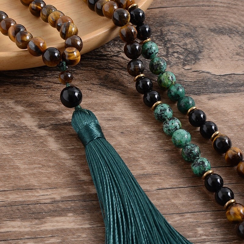 Tiger’s Eye Turquoise 108 Mala Bead Prayer Tassel Healing Women Men Necklace