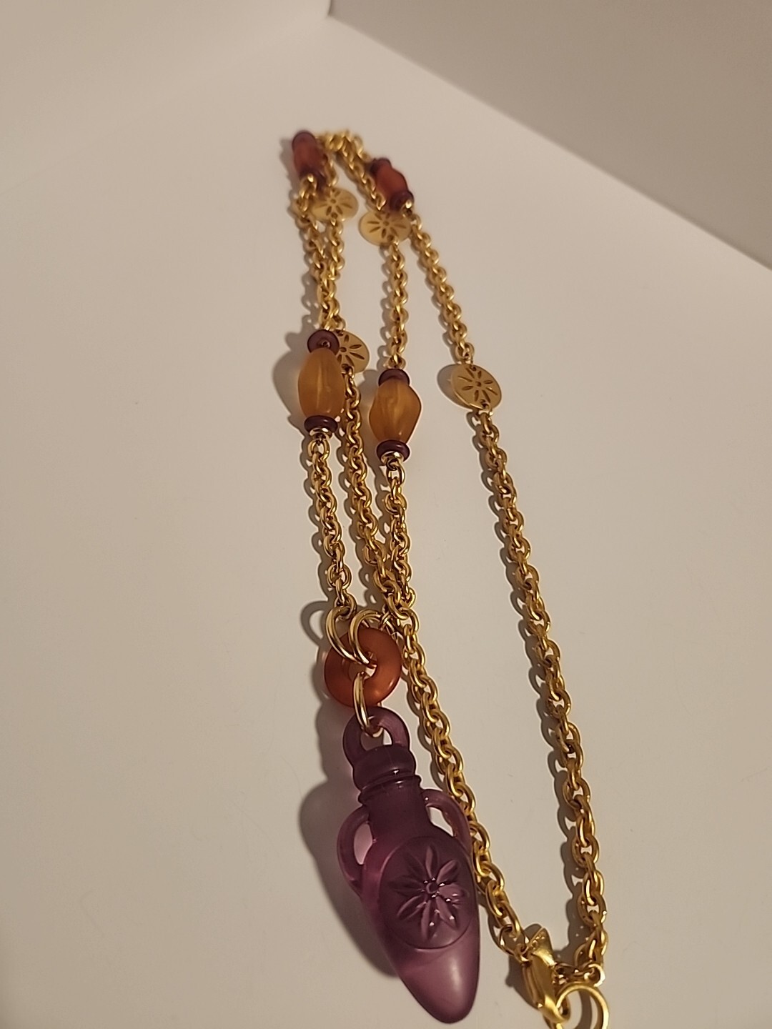 Vtg Liz Claiborne Purple Vase Gold Bakelite Bead Necklace 36″ Long