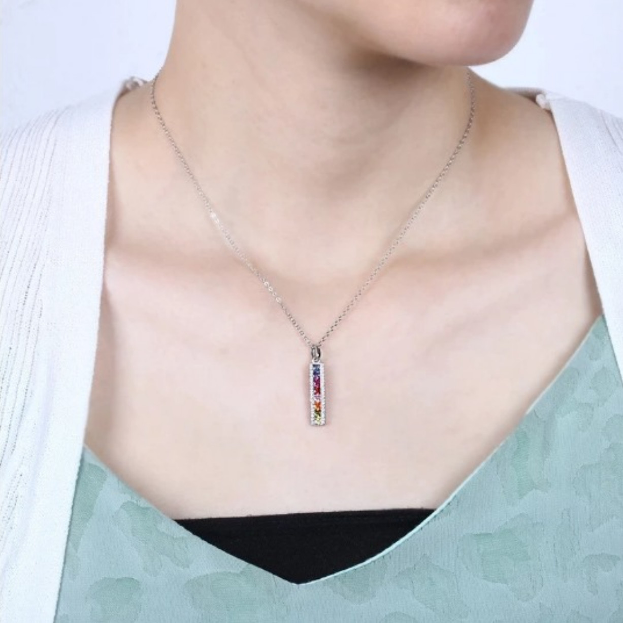Sterling Silver Plated A+ Zirconia Rainbow Pillar Pendant Choker Necklace