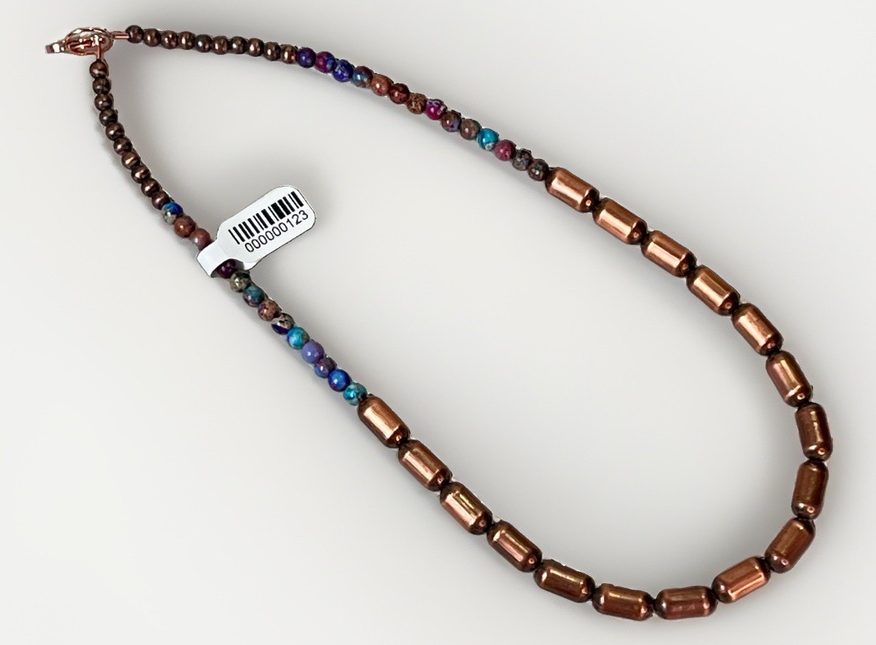 Sea Sediment Jasper Beaded Copper Barrel Bead Necklace Round Multicolor- 15 in