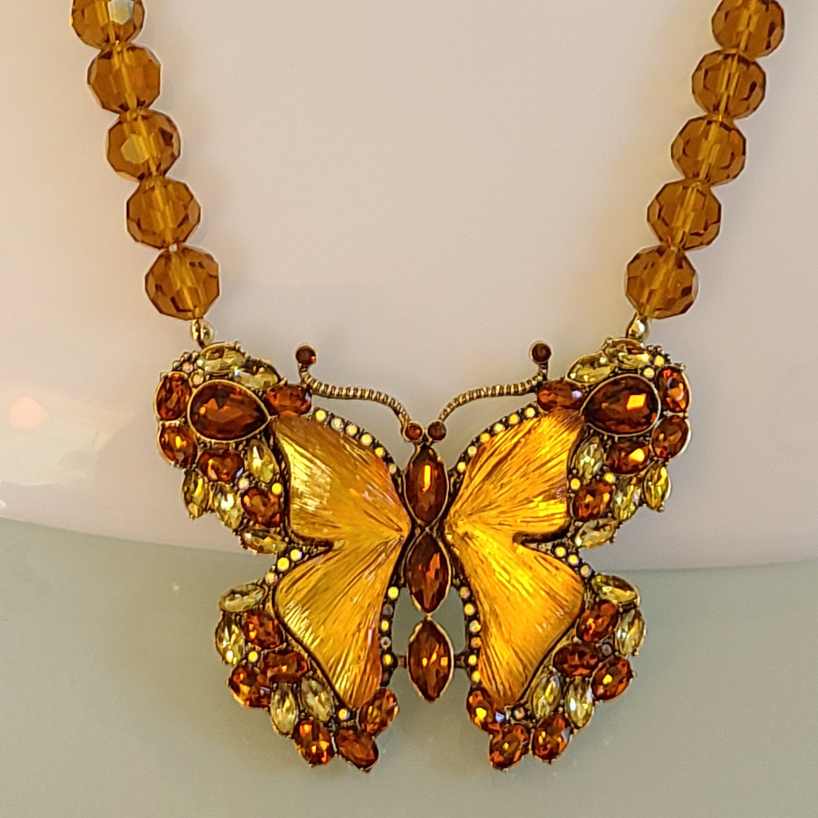 MAGNIFICENT HUGE 2 3/4 ” BUTTERFLY NECKLACE AND EARRINGS SET FACETED CRYSTALS
