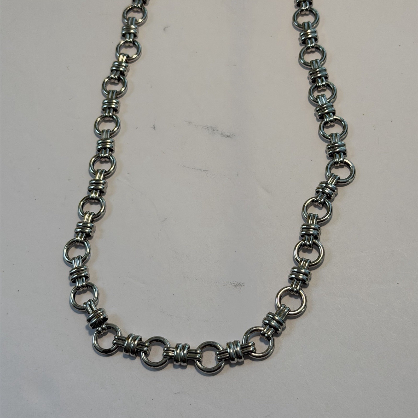 Vintage MONET Silver Tone Geometric Link Necklace Heavy ModernistRound Bar Chain