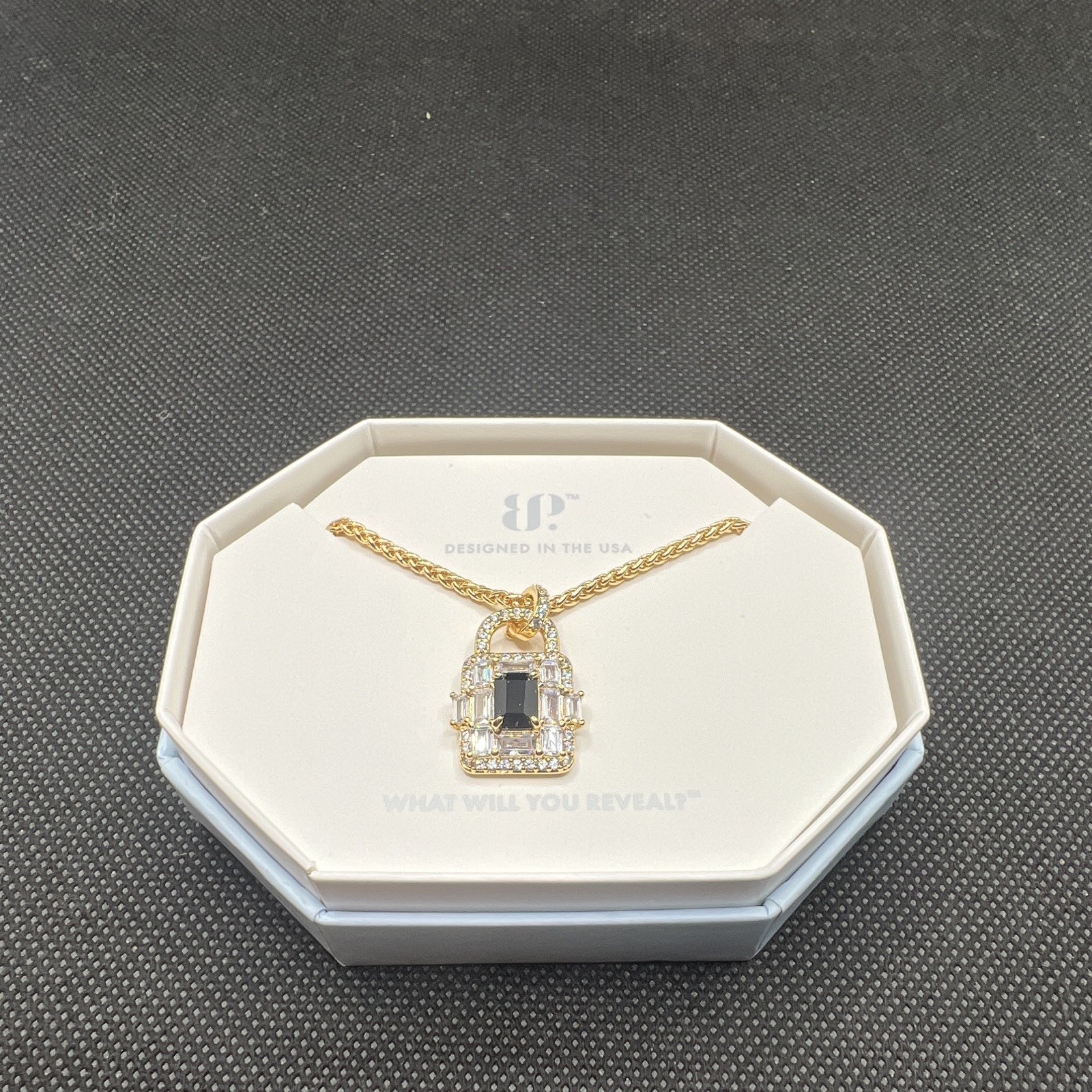 BP NK91152 Gold Plated Black Onyx CZ Rectangle Pendant Necklace 18in (A5)
