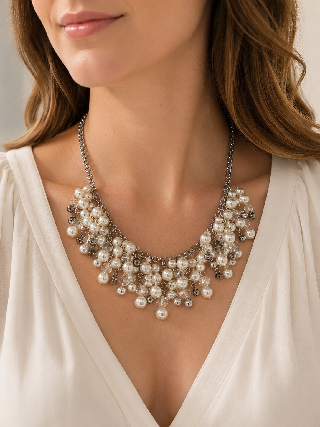 Silver Tone Faux Pearl Crystal Cluster Statement Bib Necklace Bridal Prom