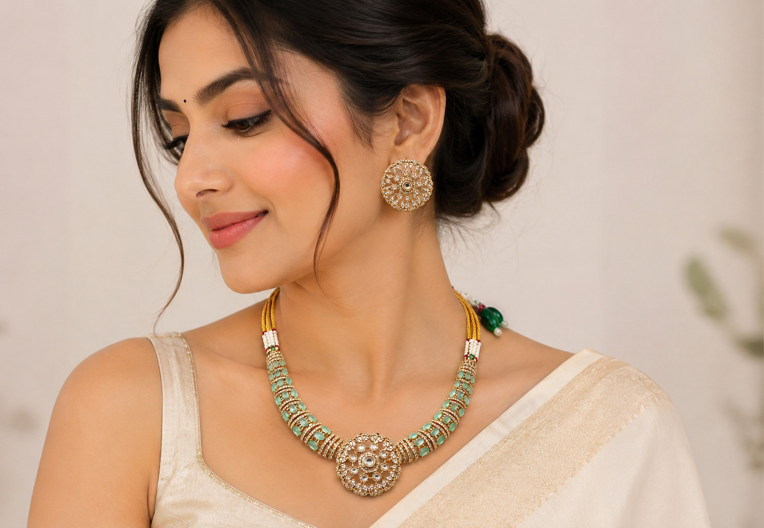 Indian Kundan Necklace Set Green Pendant Earrings Gold Plated Bridal Jewelry 102