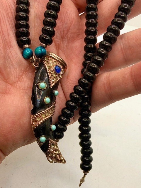 Black Gold Tone NecklaceHorn Pendant Blue Accents Black Beaded Unisex Adult