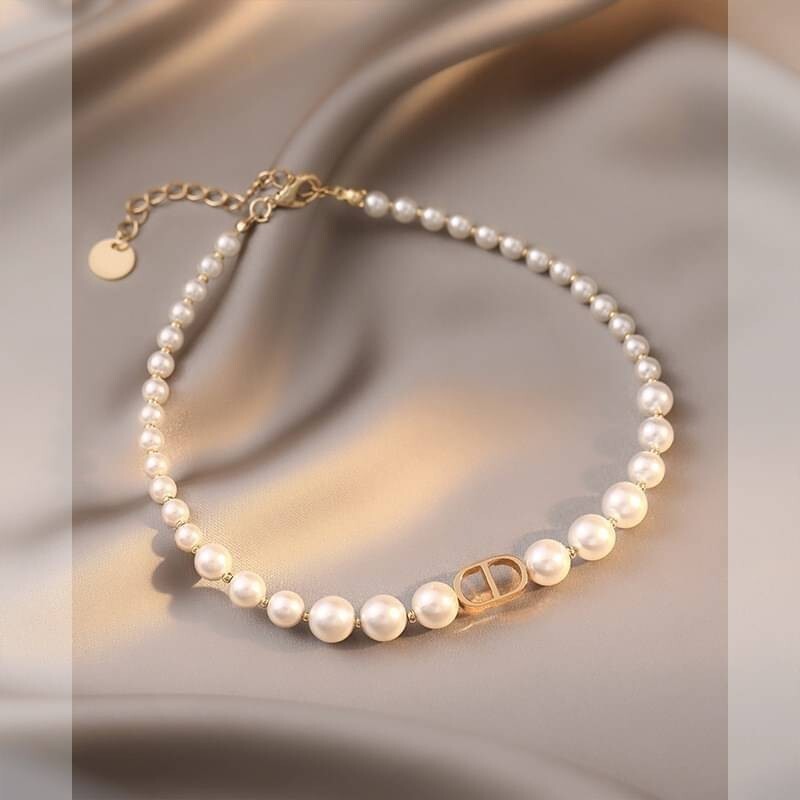 Necklace Earrings Bracelet Faux Pearl Silver Gold Chain Woman CD Pendant Strand