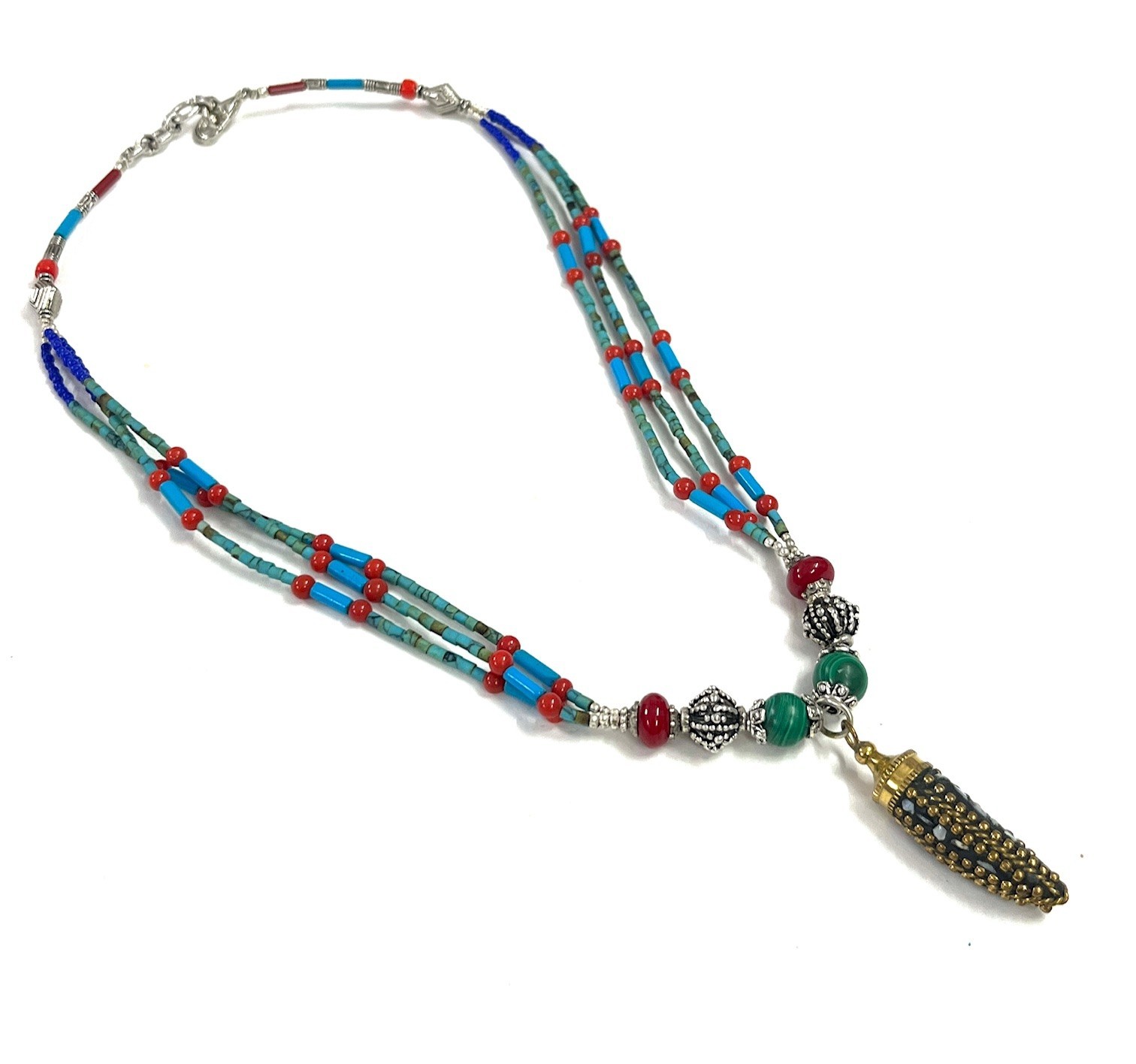 Turquoise Red Coral Gemstone Tibetan Bohemian Necklace Jewelry, 17 inch Adju