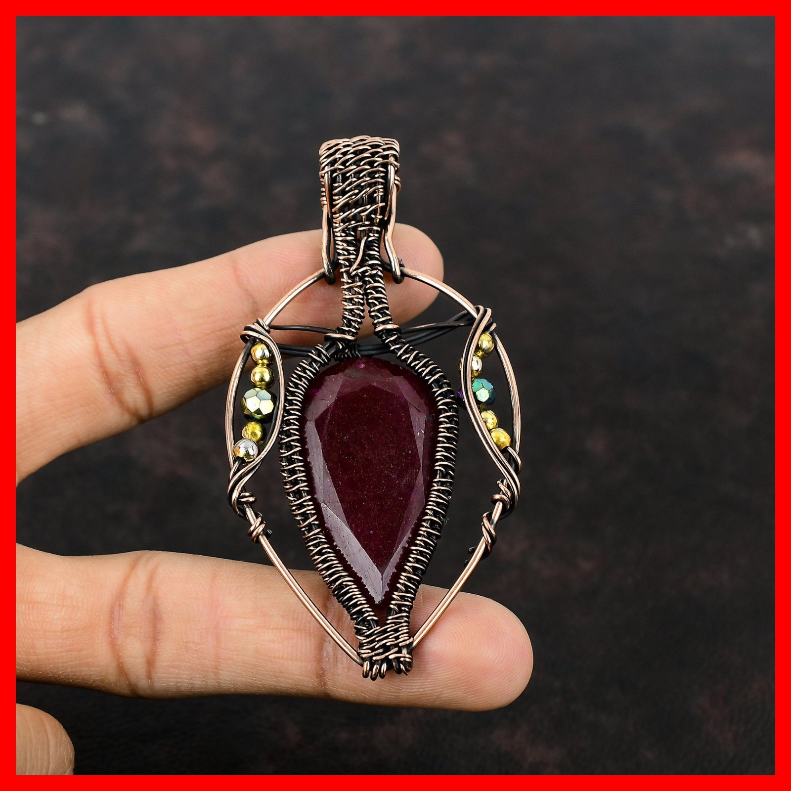 Natural Faceted Kashmir Rubi Titanium Beads Copper Wire Wrapped Birthday Pendant