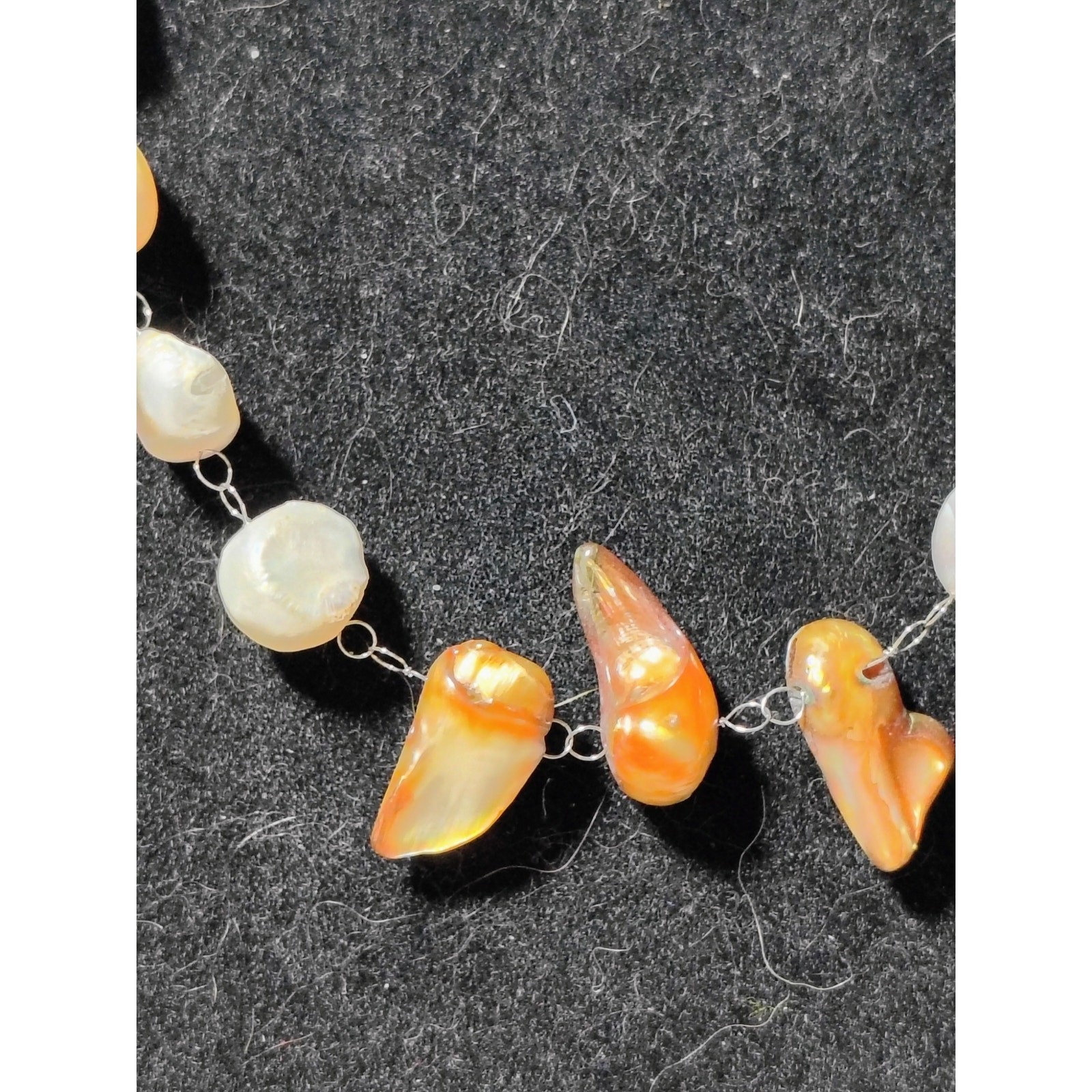 Freshwater Pearl Necklace White Coin Pearls Bronze Biwa Flame Pearls 20″