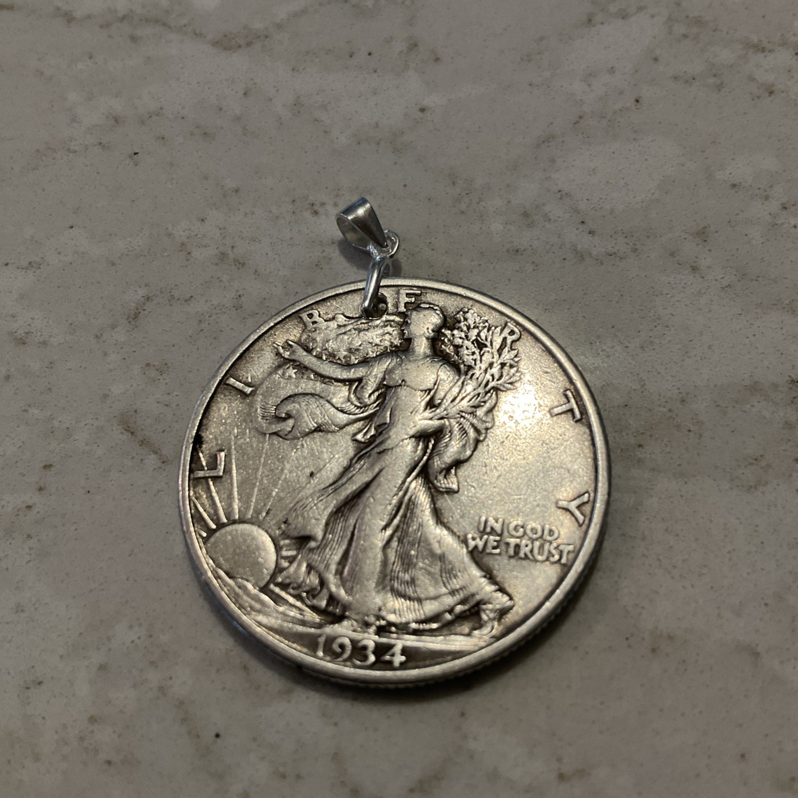 ANTIQUE COIN 90% SILVER WALKING LIBERTY HALF DOLLAR PENDANT
