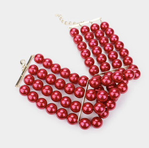 Red Pearl Multi Strand Layered Bead Choker Jewelry Necklace Set Chunky