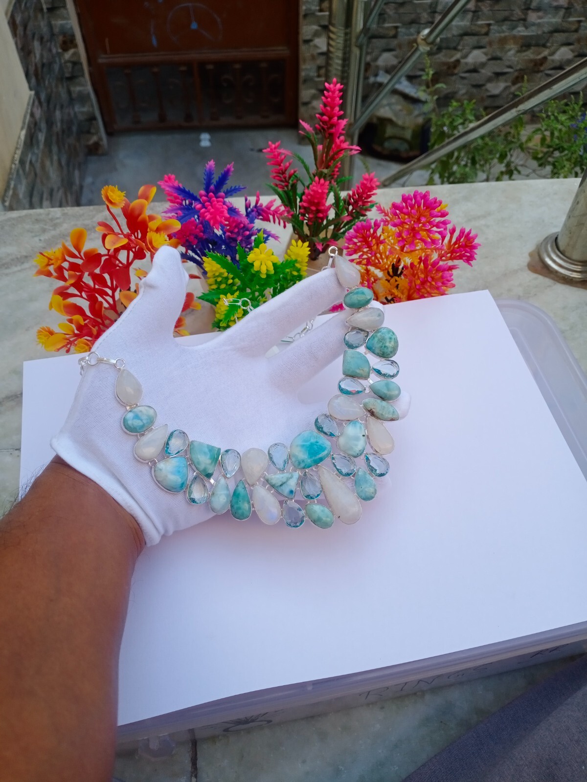 Natural Moonstone Necklace, Silver Plated Necklace, Larimar, Aquamarine Stone