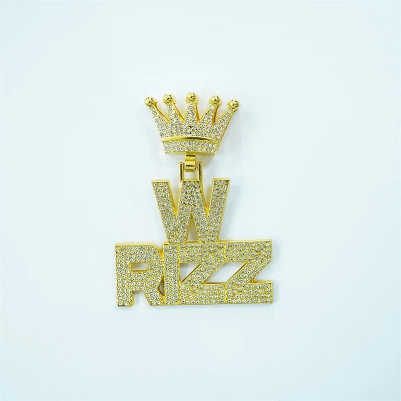 Iced W Rizz Crown Pendant Necklace CZ Bling Hip Hop Miami Cuban Link Chain Mens