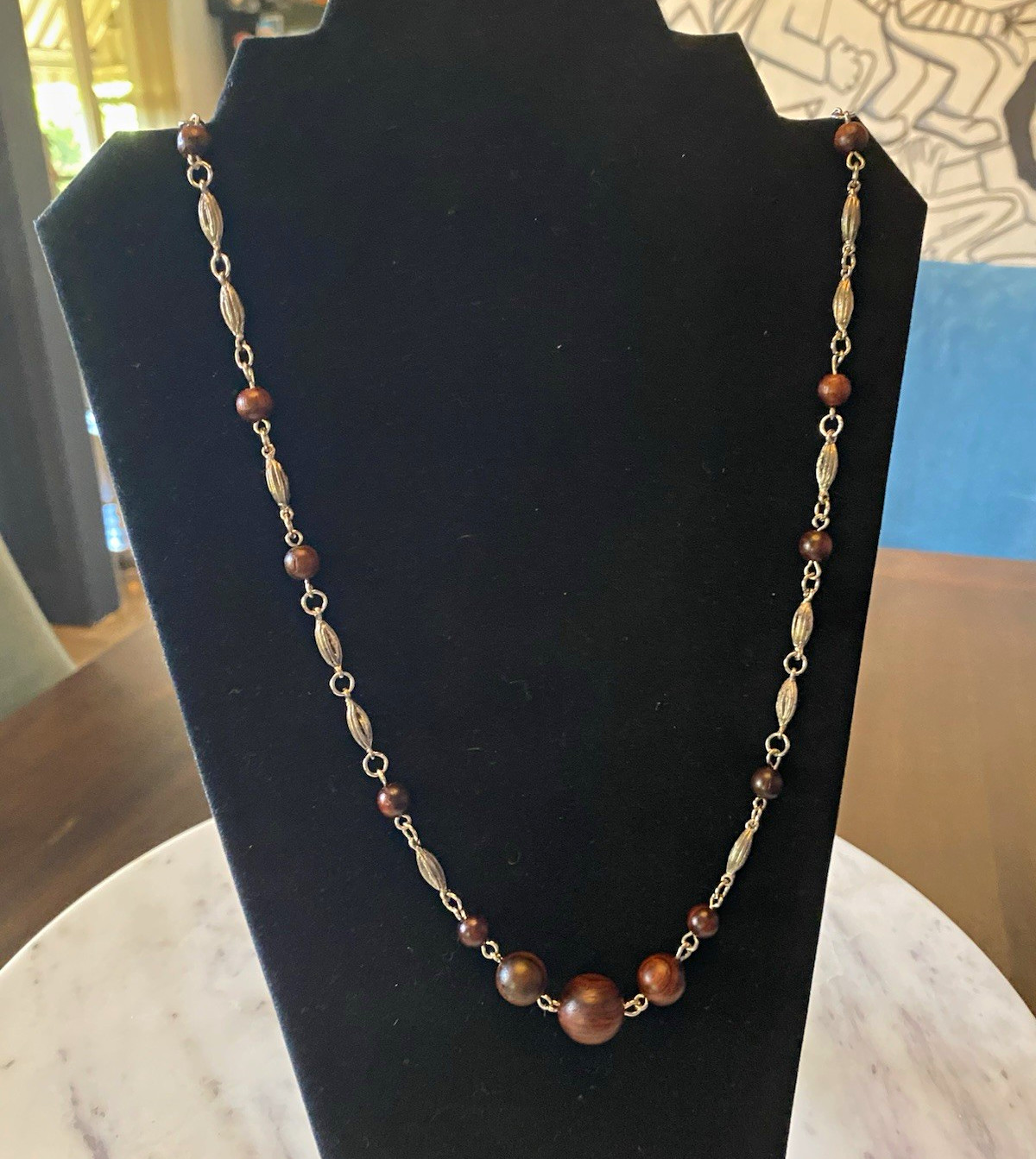 Vintage Brown Wood Bead & Silver Link Chain Necklace, Metal, No Stone, 15 in