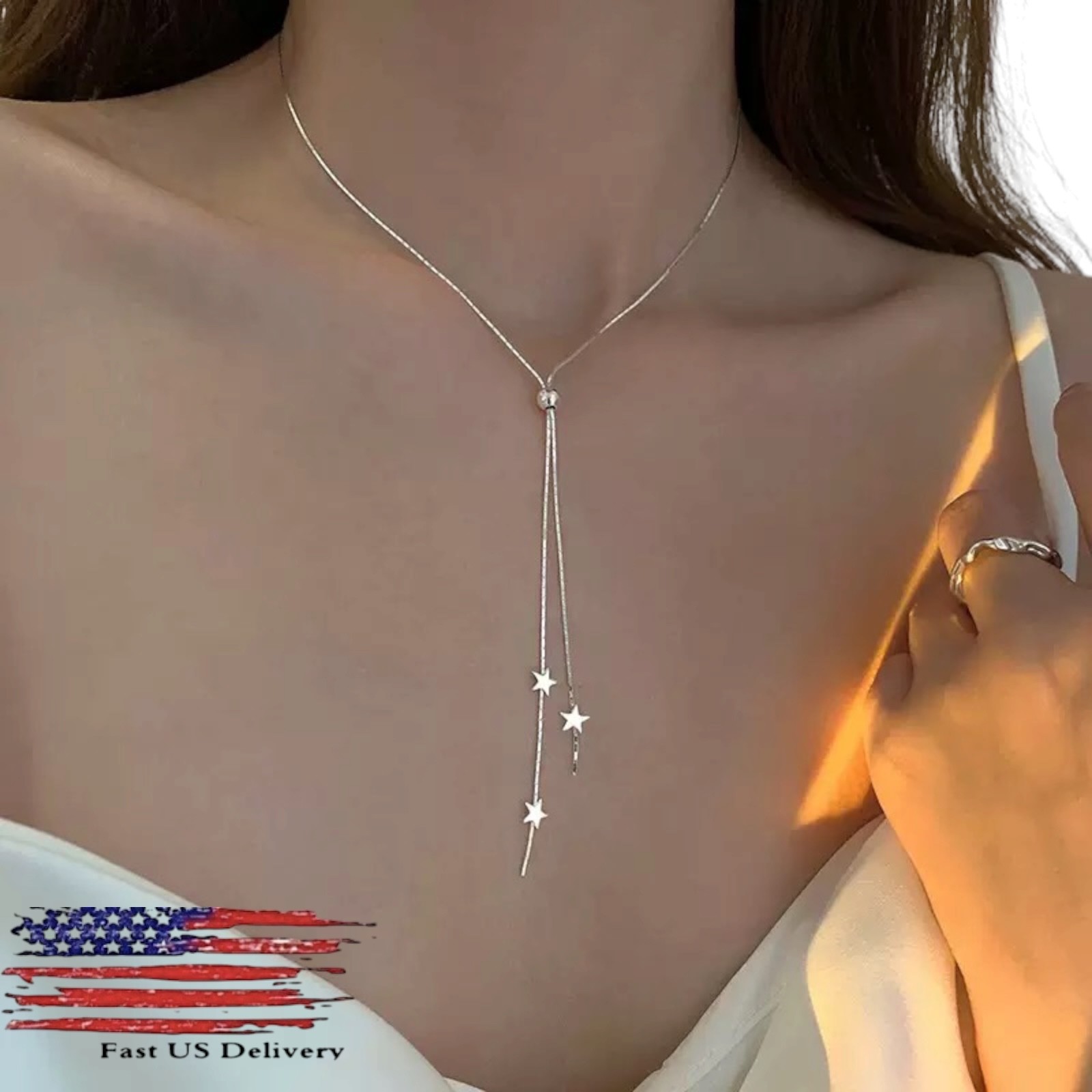 925 Sterling Silver Plated Star Slide Lariat Pendant Necklace Women B26