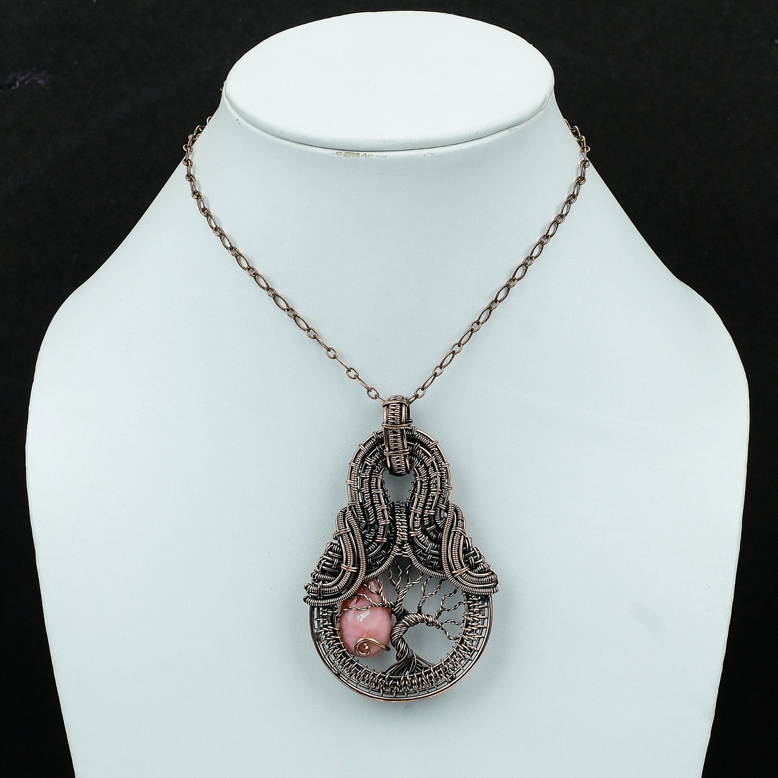 Pink Opal Jewelry Copper Friend Gift Wire Wrapped tree Of Life Pendant 3.15″
