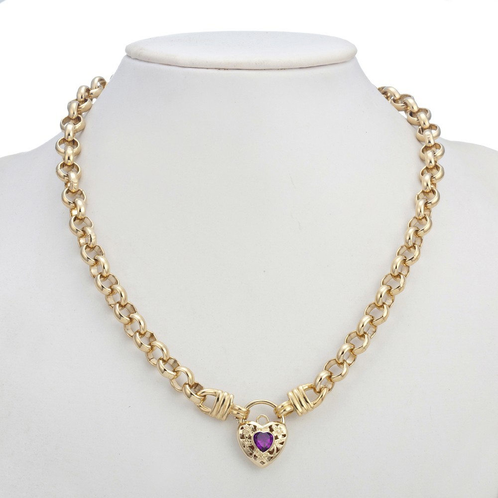18K GL Thick Belcher Yellow Gold Necklace Filigree Heart Padlock Amethyst Purple