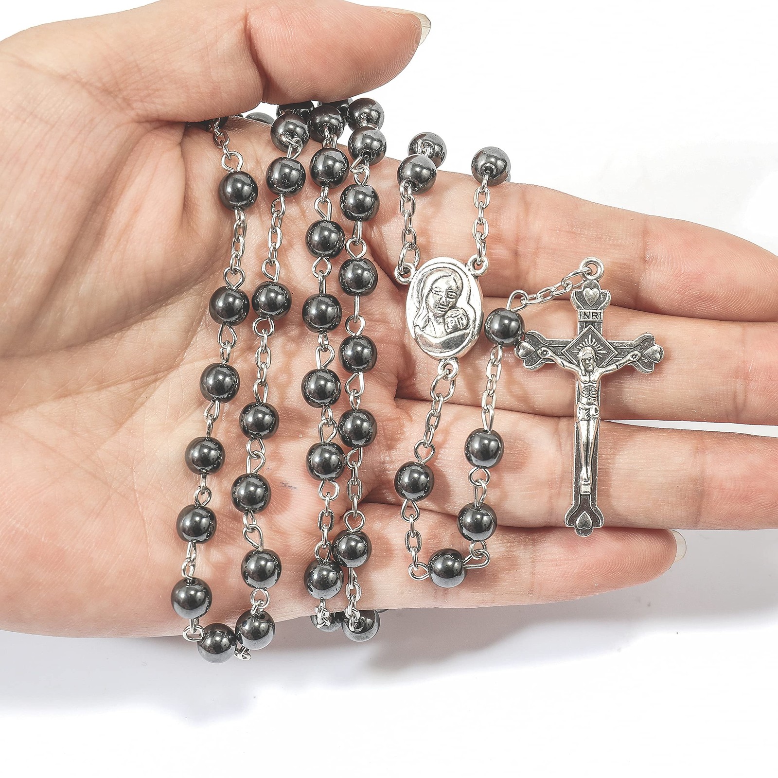 unisex-adult Hematite Rosary Black Stone Beads Necklace with Jerusalem Holy S…
