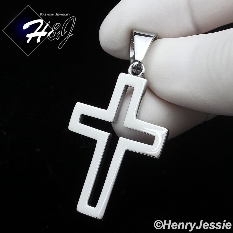 MEN WOMEN Stainless Steel Simple Plain Hollow Double Silver Cross Pendant*P141