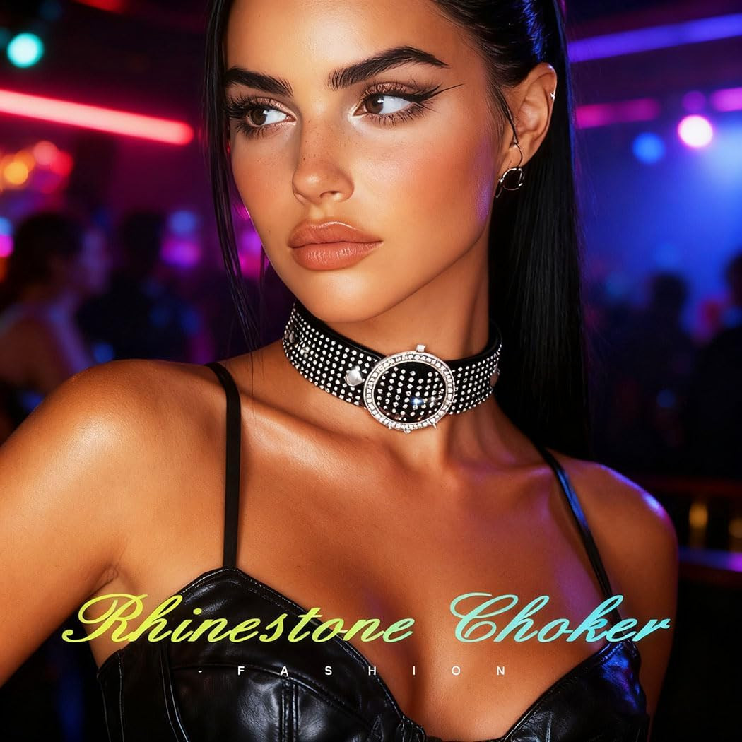 Black Rhinestone Choker Necklace Leather Gothic Thick Collar for Women