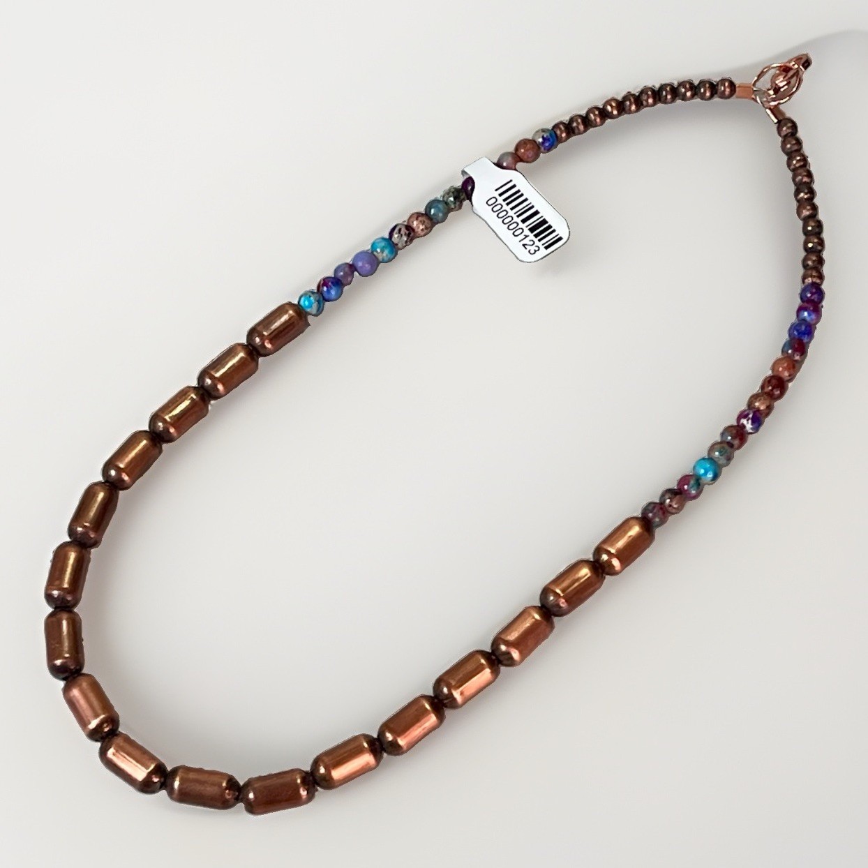 Sea Sediment Jasper Beaded Copper Barrel Bead Necklace Round Multicolor- 15 in