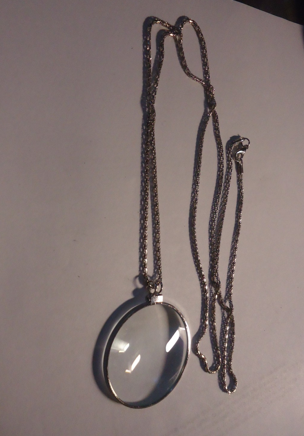 5X Magnifier Reading Magnifying Glass Lens Pendant Necklace 36” silver plated#x