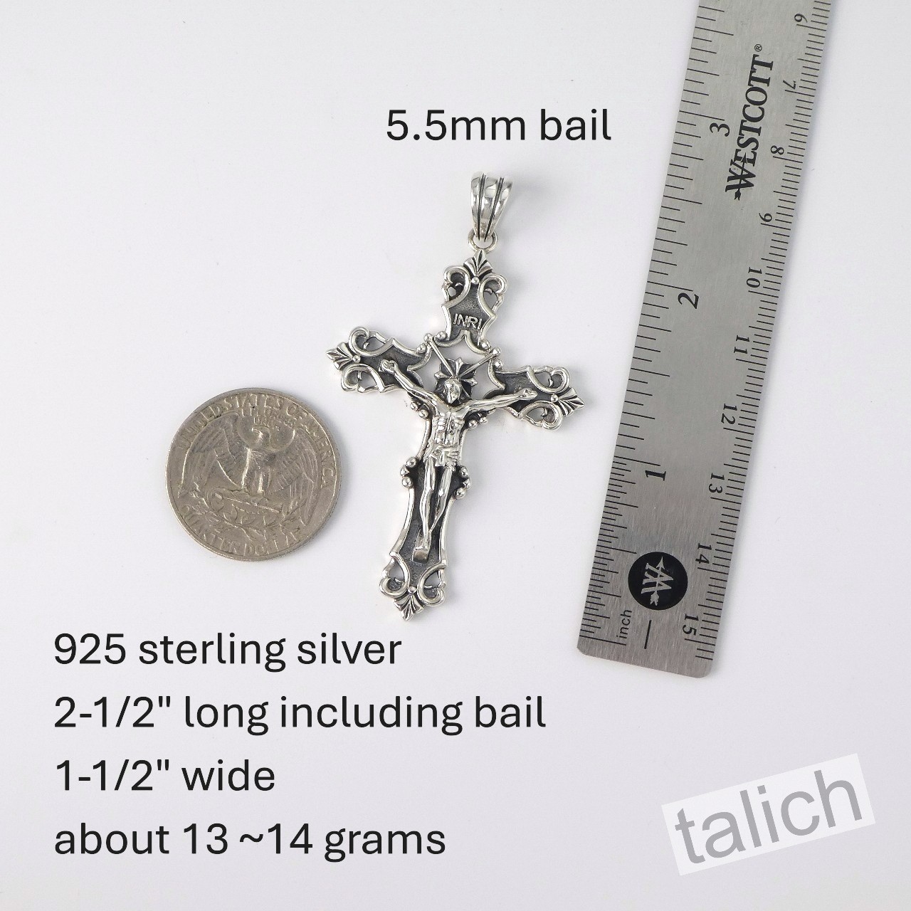 Solid 925 Sterling Silver Ornate Floral Scroll Crucified Jesus Cross Pendant