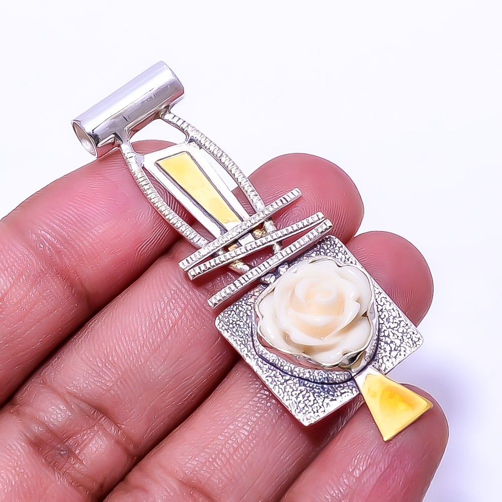 Carved White Coral 925 Sterling Silver Two Tone Designer Pendant 2.26″ P25