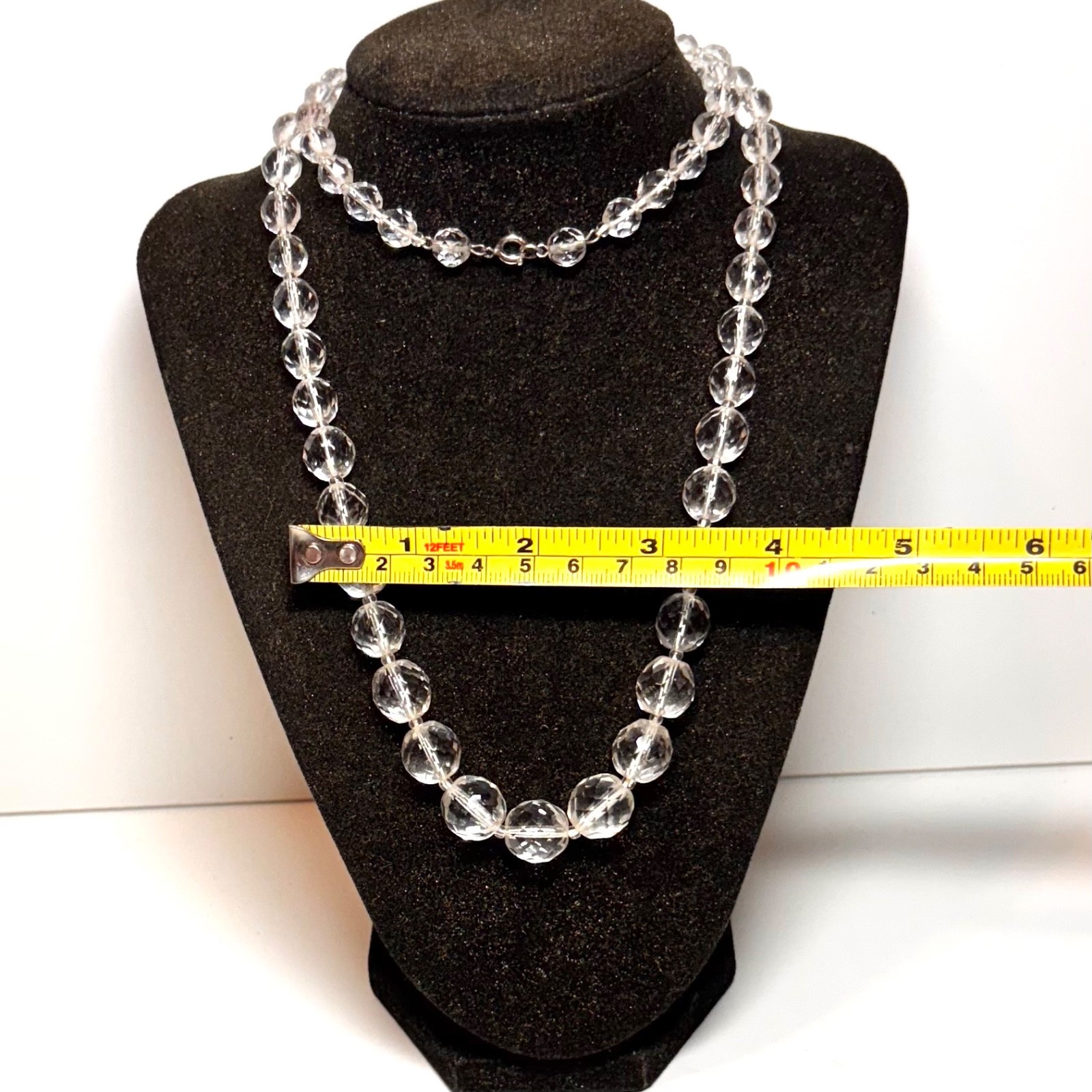 NECKLACE clear faceted glass beads graduated clear spacers white cord 30 1/2″