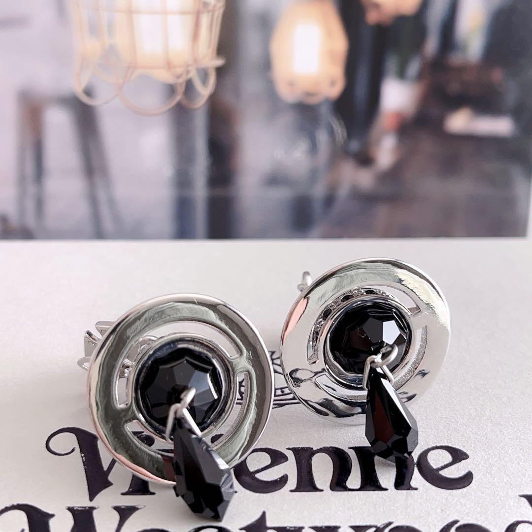 Vivienne Westwood Earrings Pierced Crystal Silver Black NO BOX [EJ361