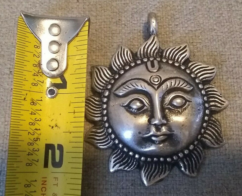 HANDCRAFTED PEWTER SUN w/ FACE PENDANT NECKLACE NEPAL