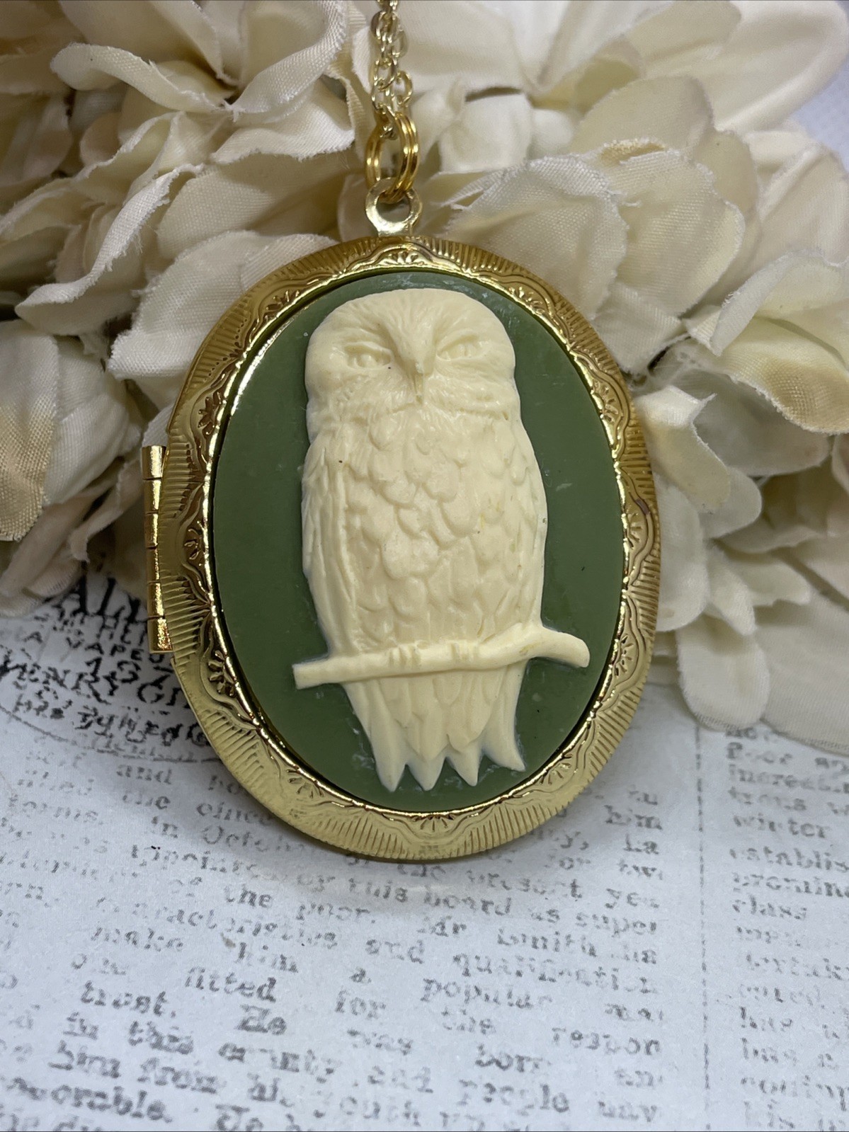 Ylw Gold Photo Locket Necklace Birthday Gift Green Owl Barn Tree Hoot Fall Mom