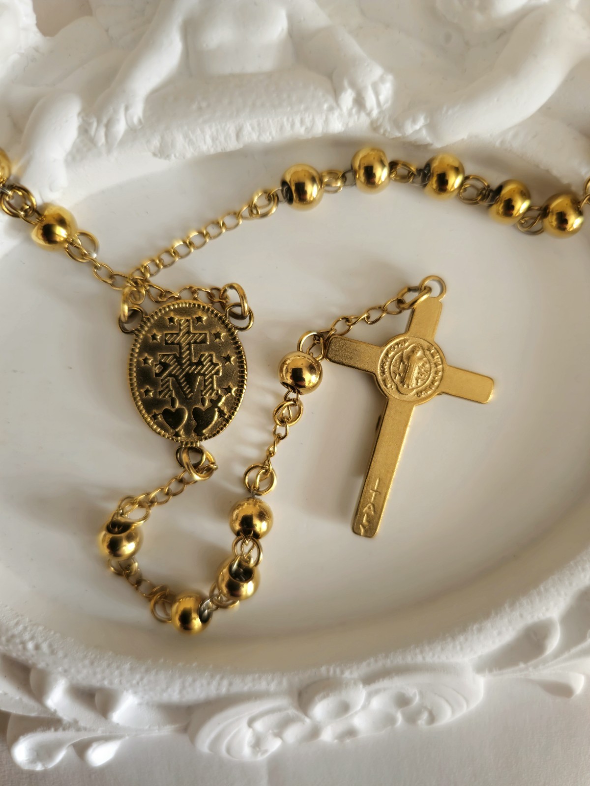 Gold Tone Stainless Steel Rosary Necklace Virgin Mary Crucifix Cross 60cm