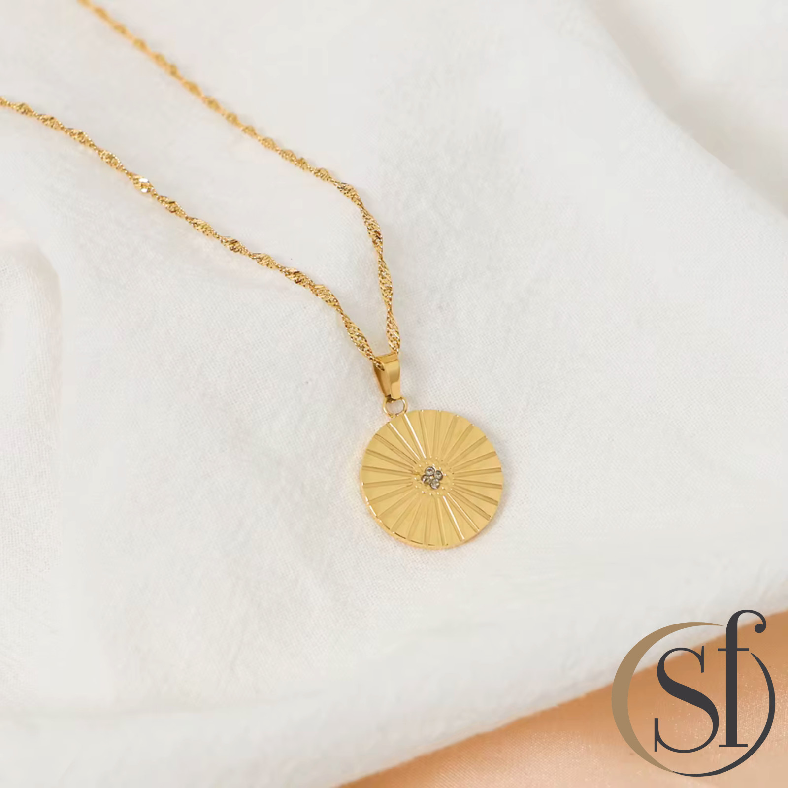 Sunbeam Coin Pendant Necklace | Waterproof Rope Chain | 18K Yellow Gold
