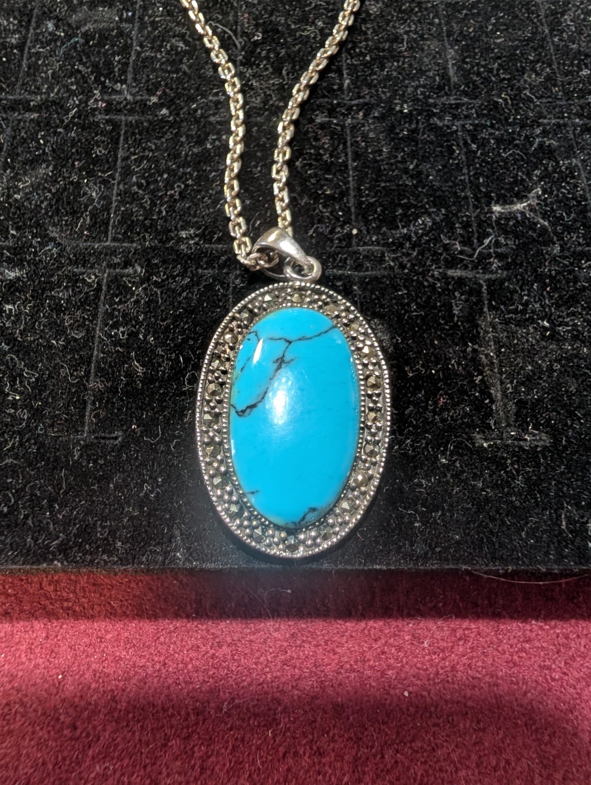 Silver Cable Chain Necklace with Oval Turquoise Silver Bezel Charm Pendant
