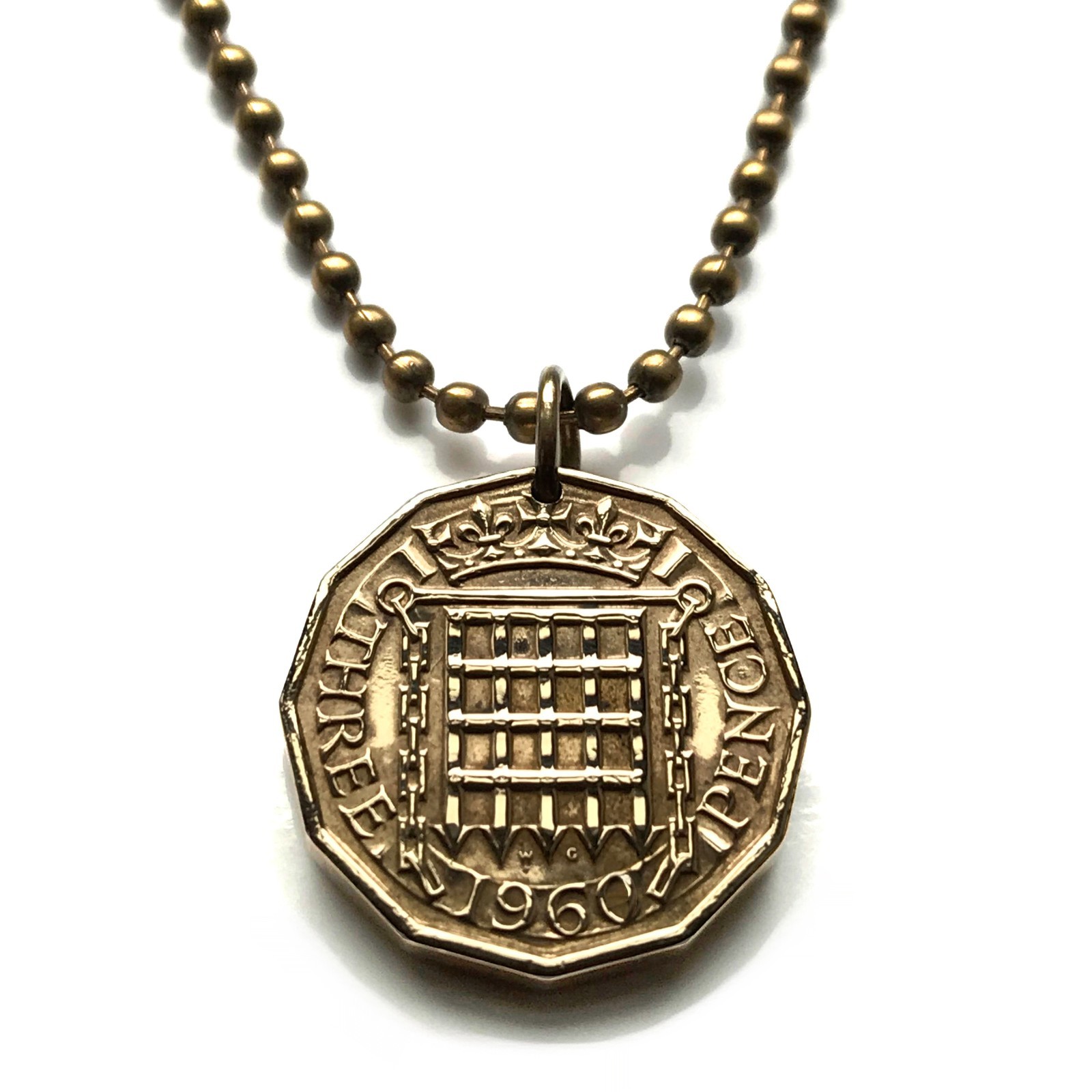 1960 England Britain 3 Pence coin pendant Tudor portcullis castle London n000415