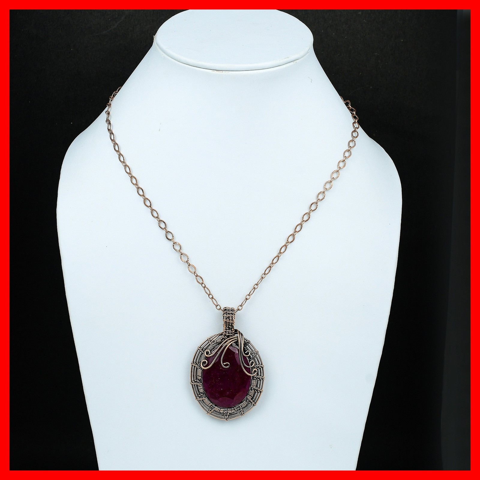 Oval Kashmir Rubi Gemstone Copper Ethnic Wire Wrapped Unique New Pendant Jewelry