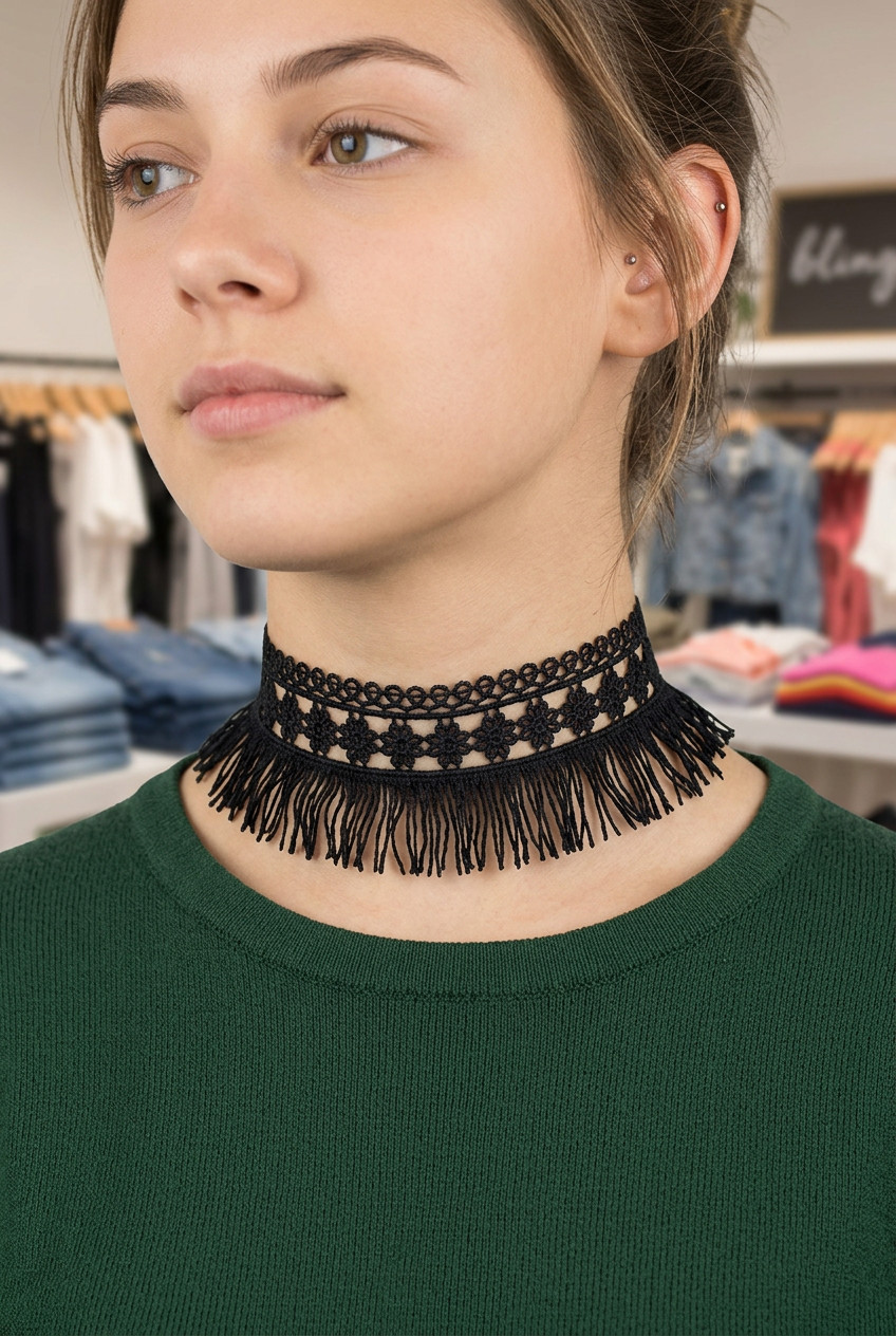 Women Tassel Strand Fringes Cool Style Fashion Black Fabric Choker Necklace